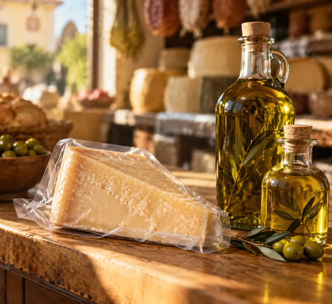 Вакуумная упаковка куска пармезана и двух банок оливкового масла лежит в лавке Болоньи перед отъездом в аэропорт Марко Поло