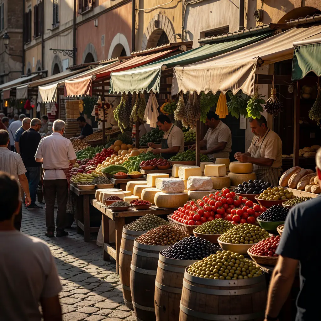 Утренний продуктовый рынок в южном итальянском городе с прилавками сыра, томатов и оливок в мягком солнечном свете.
