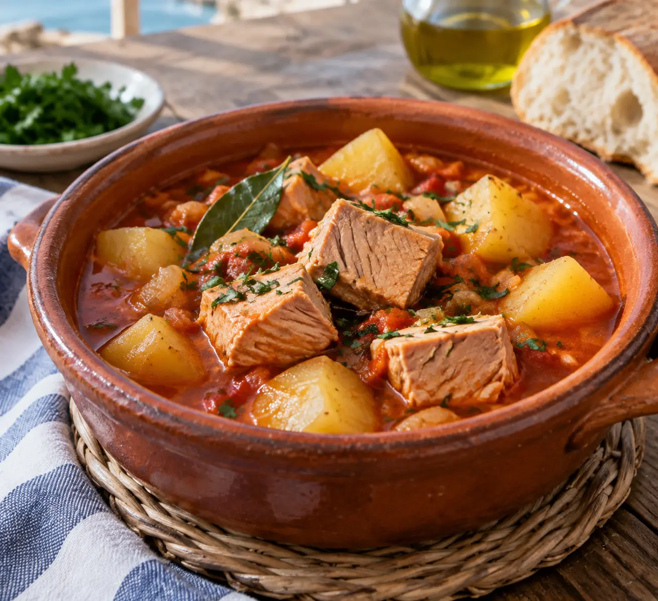 Мармитако в керамической посуде Мармитако с кусочками тунца, картофелем и перцем подан в керамической миске на деревянном столе как сытное блюдо баскского побережья.