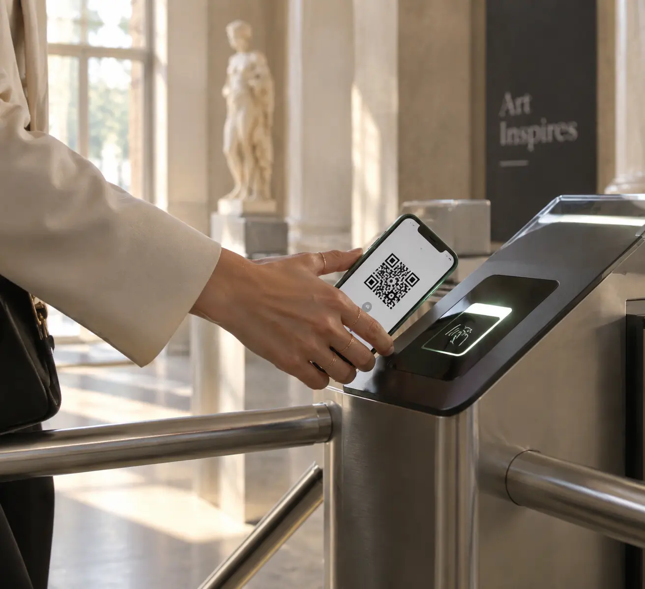 Посетительница прикладывает QR-код онлайн-билета к сканеру на входе в музей рано утром, до наплыва групп