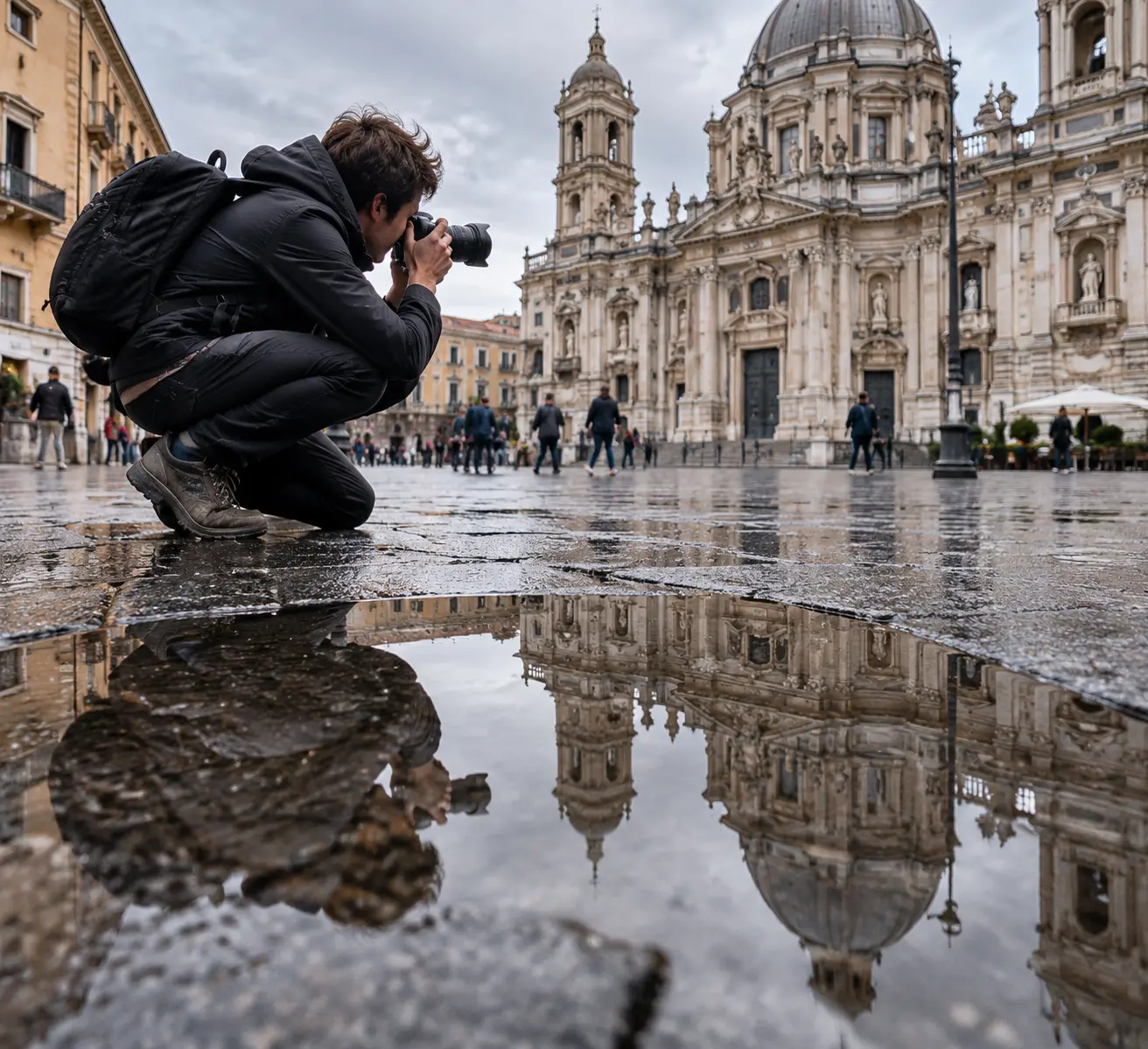 Фотограф приседает у мокрого гранитного парапета, чтобы снять отражение барочного фасада в луже на площади перед собором.