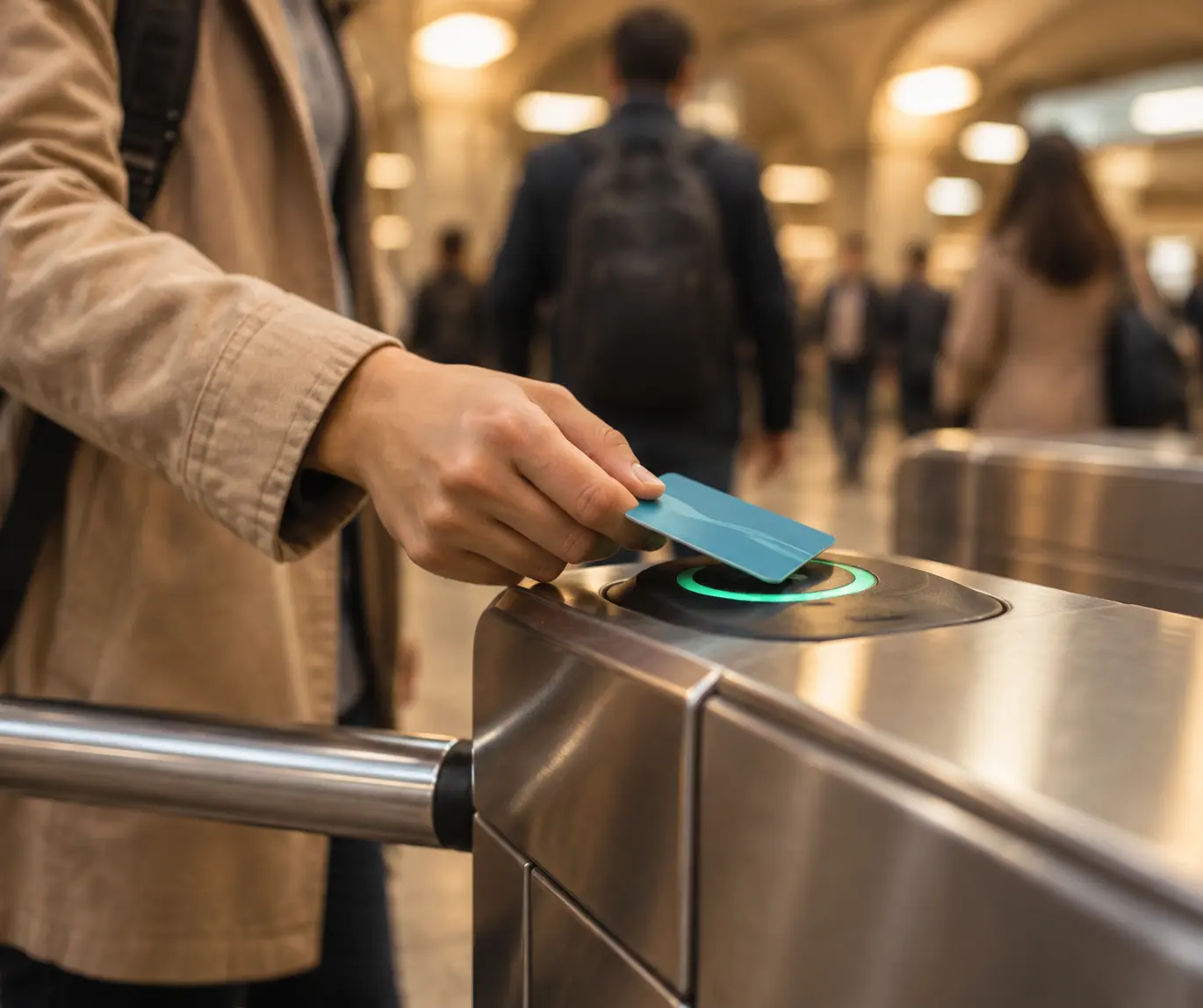 Пассажир прикладывает карту к турникету в метро Праги, проверяя проездной перед поездкой к музеям исторического центра.