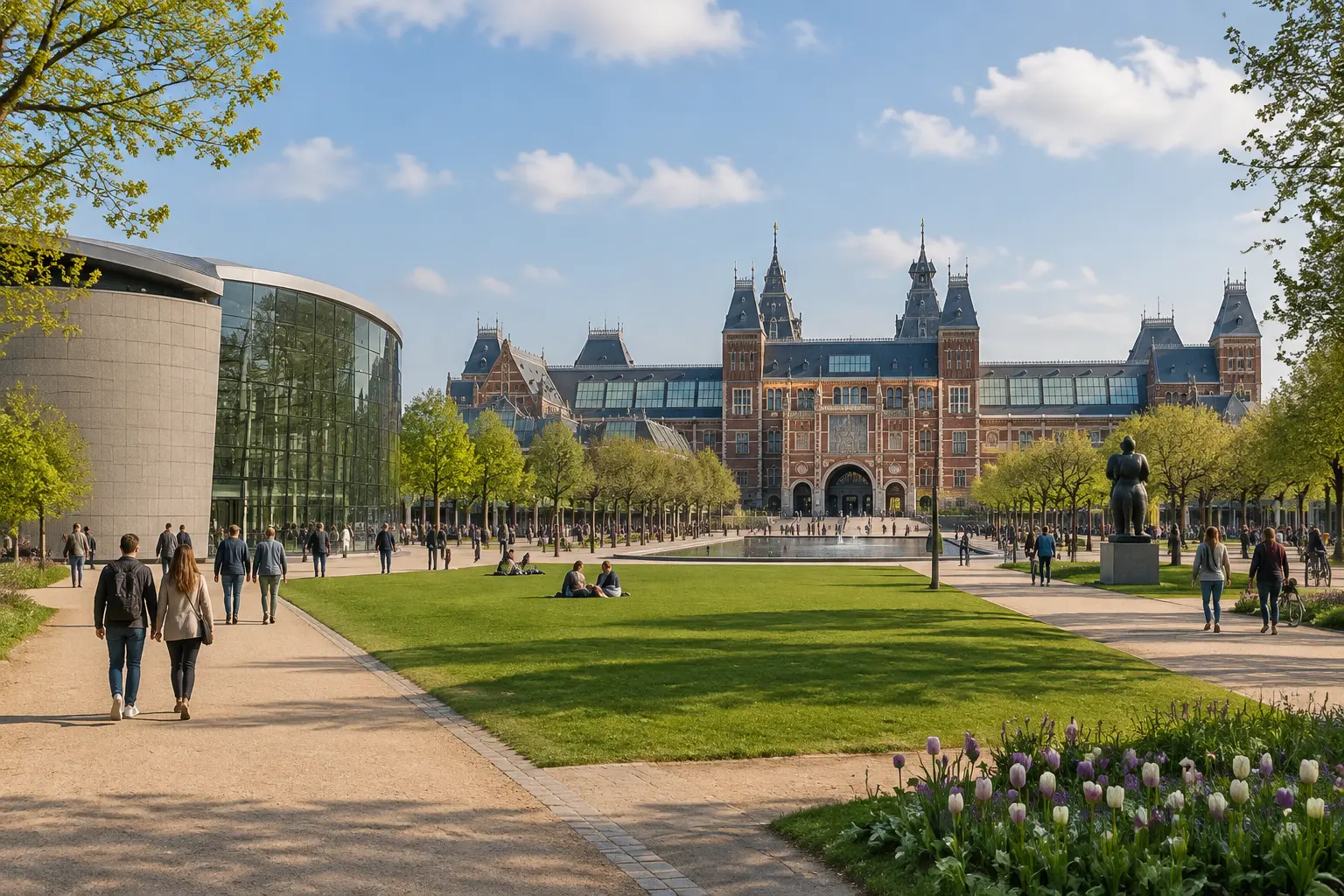Площадь Museumplein в Амстердаме показана с пешеходными дорожками и музеями вокруг, чтобы представить запасную прогулку при отсутствии билетов.
