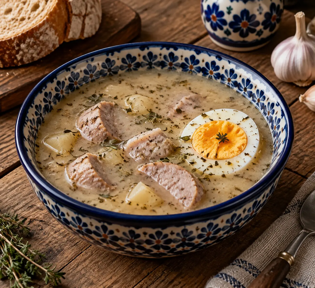 Журек с половинкой яйца и кусочками колбасы подан в керамической миске на деревянном столе, чтобы показать состав традиционного супа.